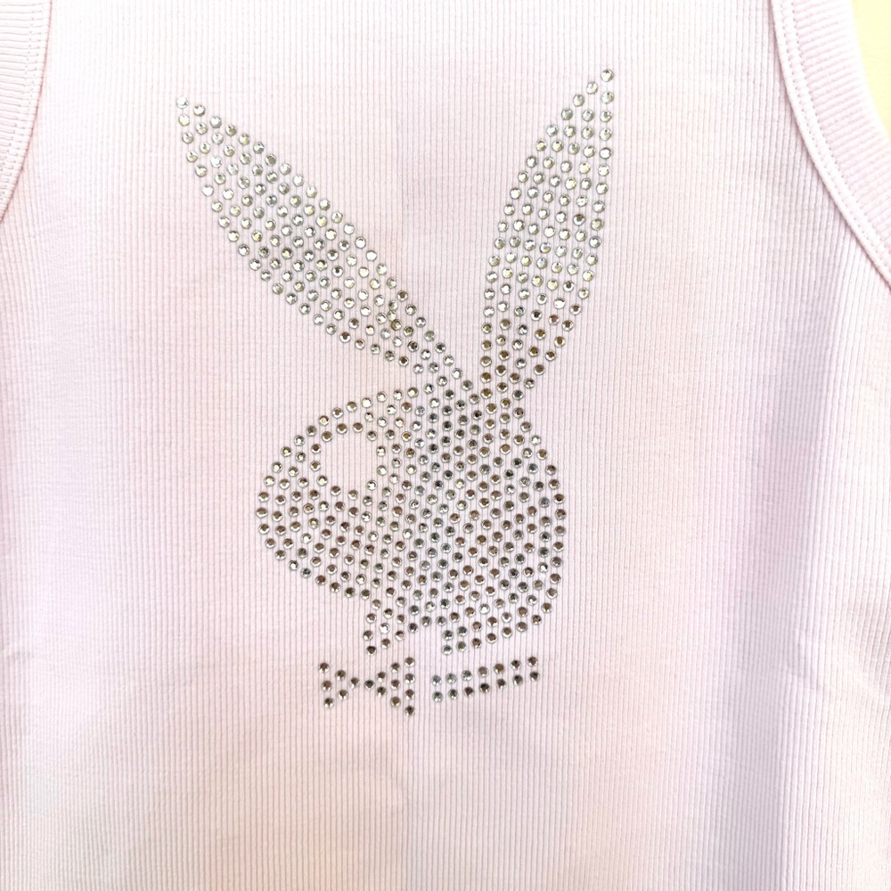 PLAYBOY Light Pink Rhinestone Bunny Ribbed Tank Top + Sticker - Picture 2 of 6